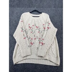 Woven Heart Floral Embroidered Cable Knit Sweater Womens XL Cream Pink Pullover
